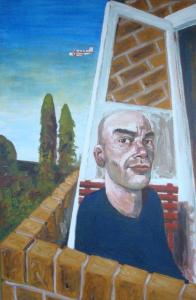 De schilder op zijn balkon ( 2003, 81 x 122 cm)